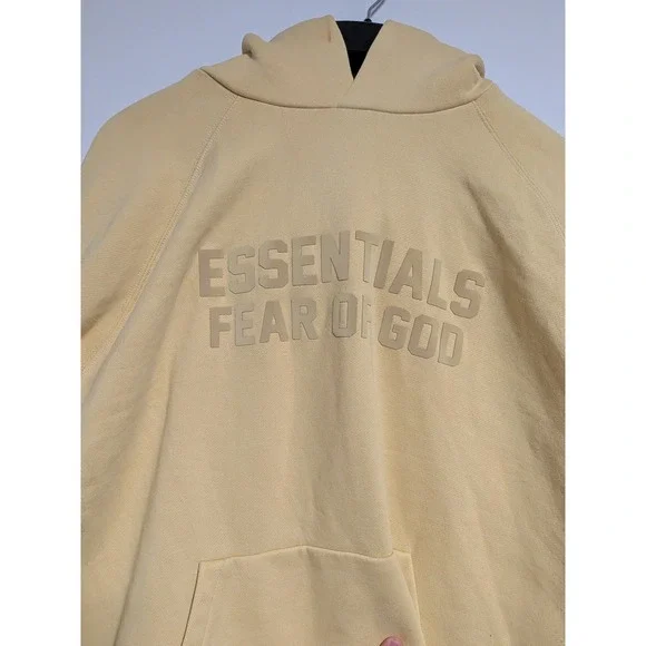 Fear of God Essentials Hoodie Yellow Lemonade Logo Pullover Sweatshirt Mens L - Picture 2 of 13